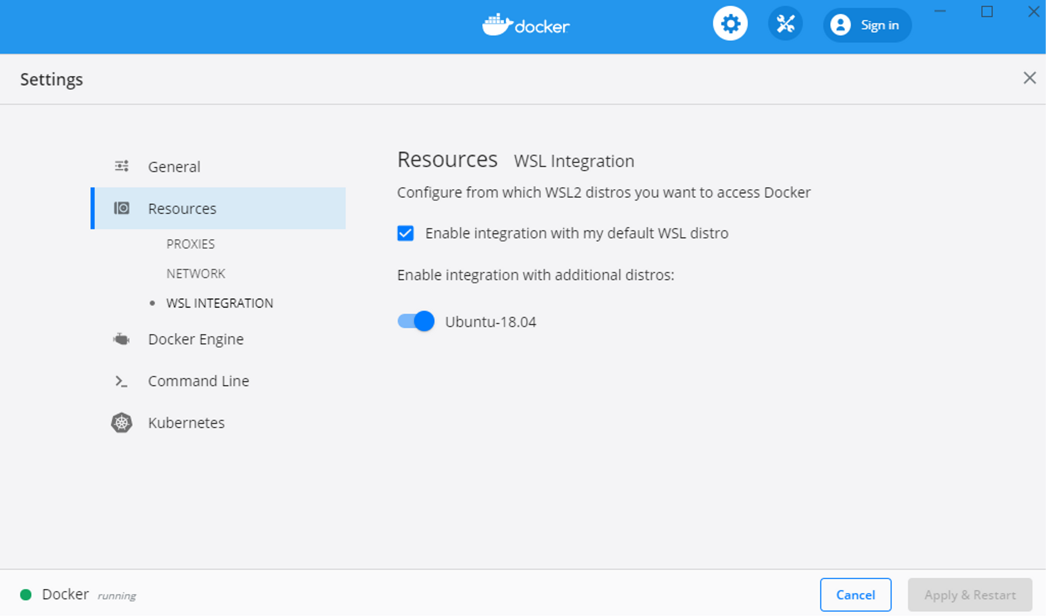 Docker Desktop dashboard WSL settings page