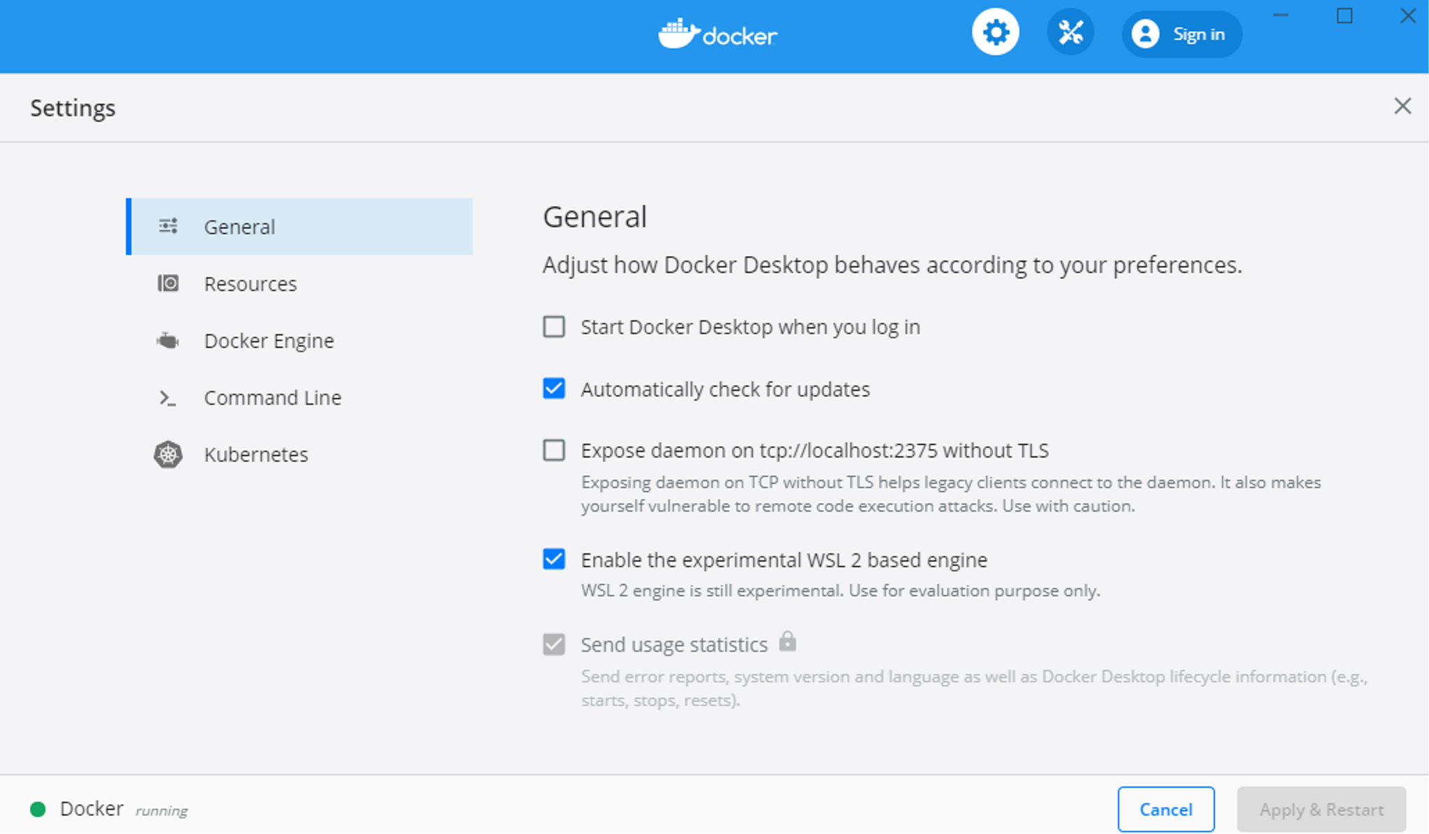 Docker Desktop dashboard settings page