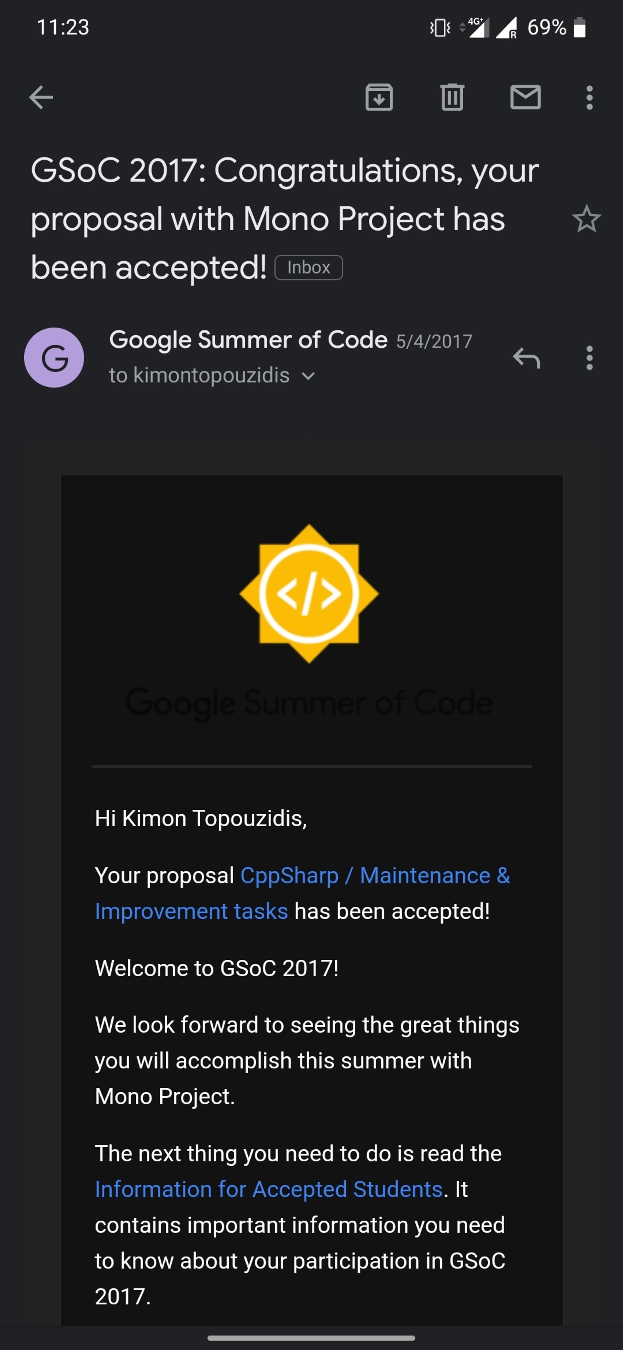 an email showing the response from Google that a proposal to google summer of code has been accepted