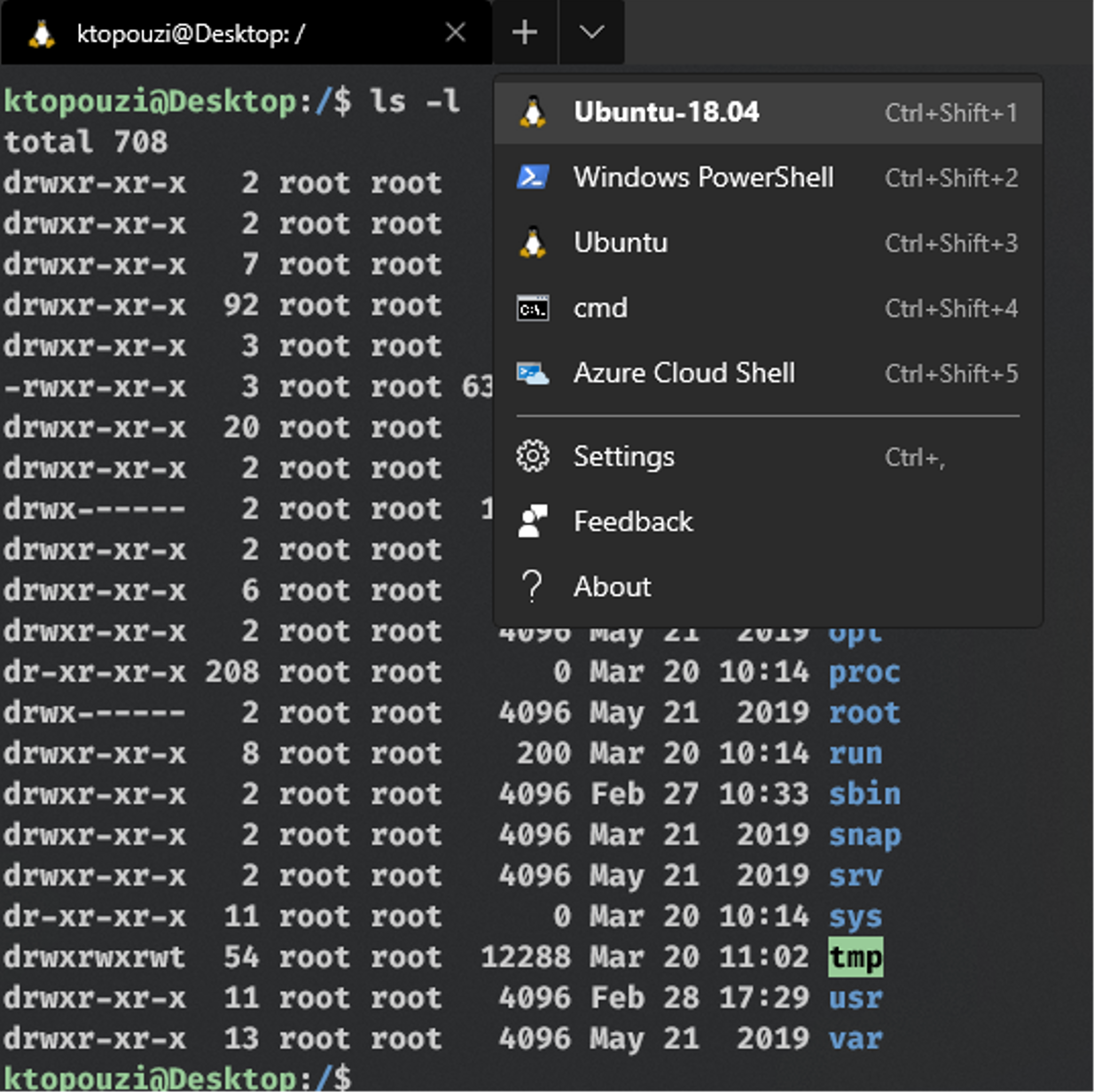 Ubuntu 18.04 root directory on Windows Terminal