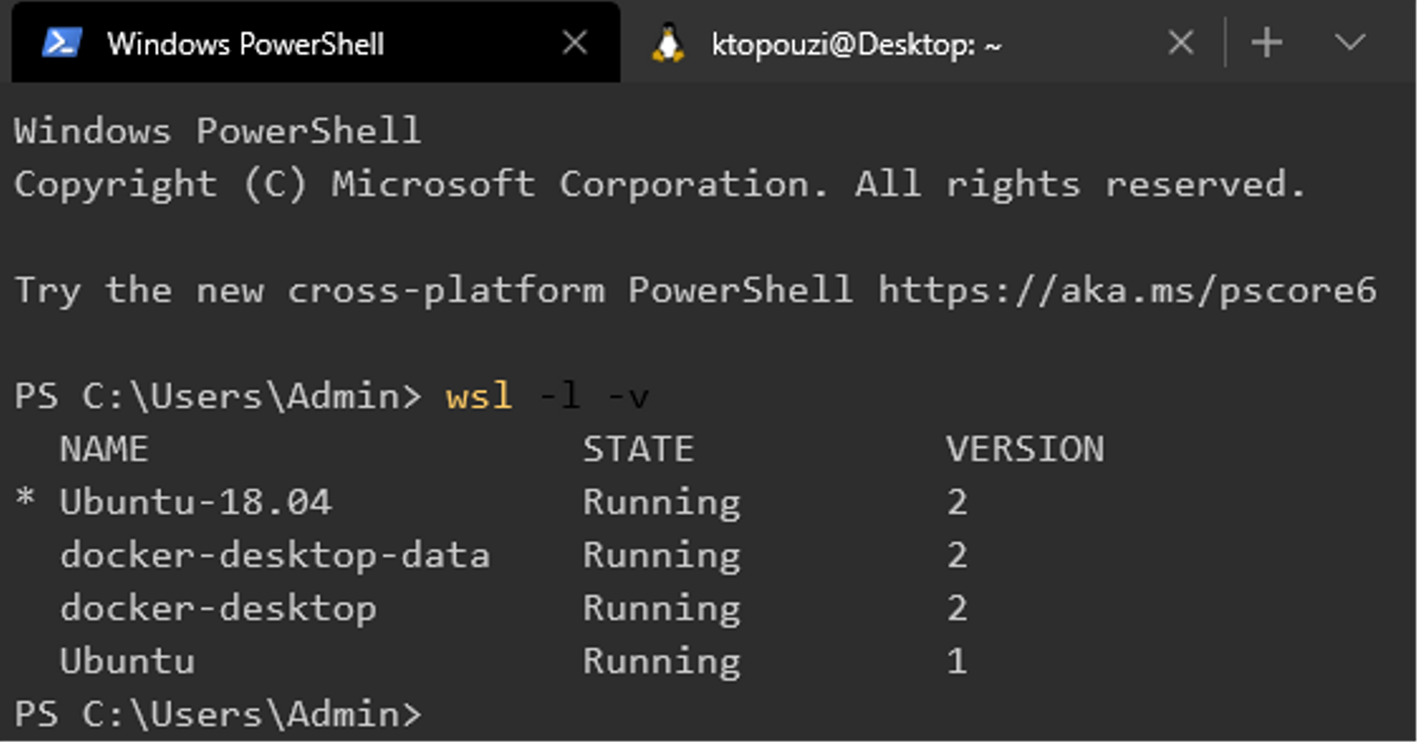 Windows powershell printing the wsl version