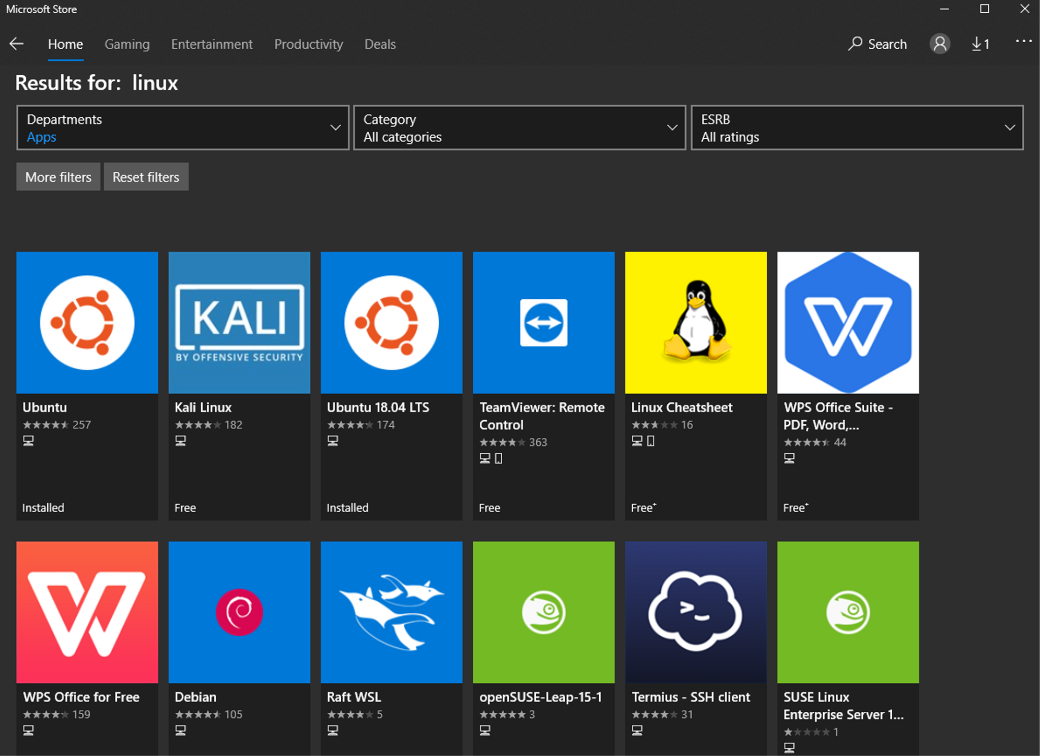 Windows 10 store page listing linux distros