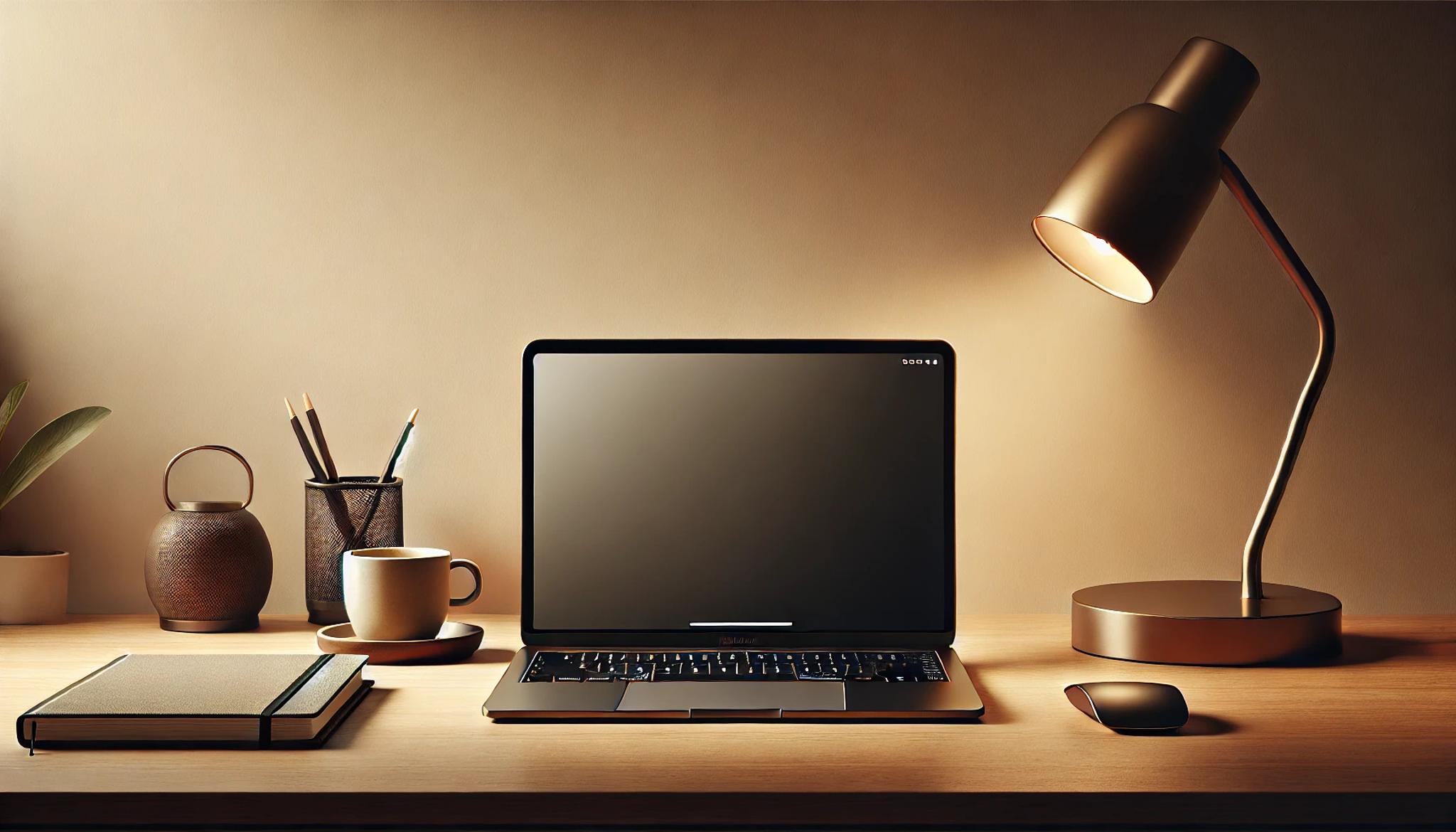 A clean, minimalist workspace with a modern design, featuring a laptop on a sleek wooden desk. The laptop screen displays a dark, minimalistic background